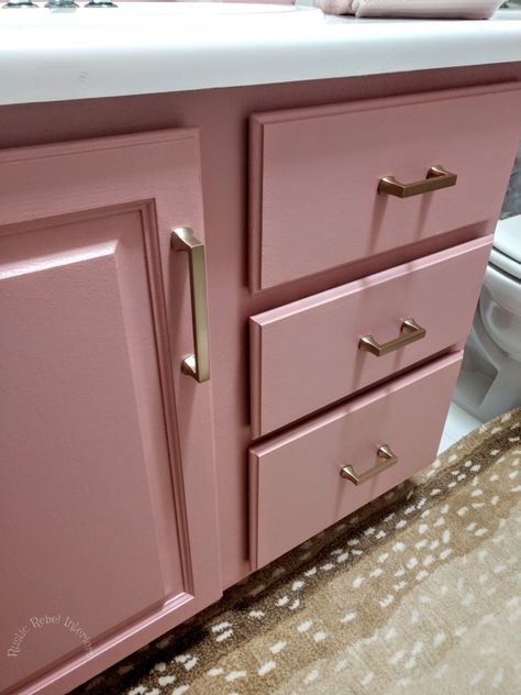 Pink Bathroom Door, Pink Cabinets Bathroom, Pink Vanity Bathroom, Pink Bathroom Cabinets, Pink Shiplap, Rustic Chic Bathrooms, Pink Bathroom Vanity, Bathroom Cabinet Handles, White Linen Cabinet