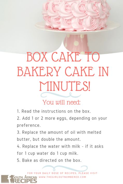 Swap a few ingredients and add in an extra egg and there you go. Bakery style cake! Bakery Cake, Box Cake Mix, Monkey Bread, Cake Mix Recipes, Cupcake Cake, Köstliche Desserts, Bakery Cakes, Yummy Sweets, Food Cakes