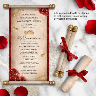 Quinceanera Diy, Enchanted Theme, Diy Scroll, Scroll Invitations, Rose Gold Quinceanera, Roses Butterfly, Royal Blue Quinceanera, Invitations Quinceanera, Green Quinceanera