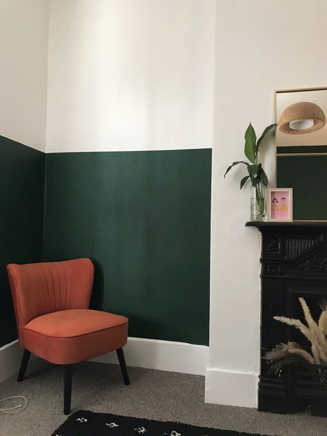 Dark Green Half Wall Living Room, Half Green Wall Bedroom, Dark Grey Green Accent Wall, Green Bottom Half Of Wall, Home Office Half Wall, Half Green Bedroom Wall, Green Half Wall Paint, Green Orange Dining Room, Partial Painted Wall