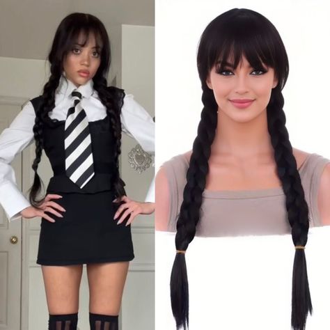 Pigtails With Bangs, Braid Pigtails, Wednesday Adams, Halloween Bash, Pigtail Braids, Hair 2024, Black Wig, Halloween Hair, Long Black Hair