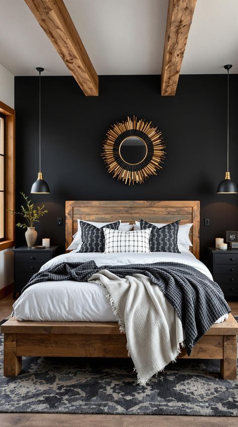 Black Bedroom Ideas Accent Wall With Black Bed, Black Bedroom Wood Accents, Black Gold And Wood Bedroom, Black And Gold Accent Wall Bedroom, Rustic Black Bedroom, Black And Terracotta Bedroom, Black Bedroom Inspirations, Black Accent Wall Bedroom, Black Wall Bedroom