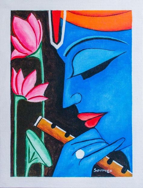 Abstract Rangoli Designs Diwali, Indian Canvas Painting Easy, Abstract Painting Krishna, Acrylic Painting Of Krishna, Madhubani Art Painting, Kanha Painting Easy, Madhubani Paintings On Canvas, God Painting Indian Easy, Canvas Acrylic Painting Ideas Beginners