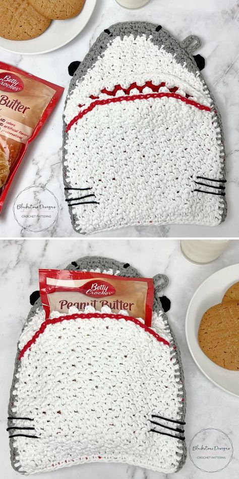 Crochet Potholder Pattern Ideas - Our Top Picks with Free Patterns Crochet Cat Pot Holders Free Pattern, Crochet Animal Potholders, Funny Crochet Patterns, Crochet Objects, Crochet Pot Holders Free Pattern, Crochet Shark, Crochet Potholder, Crochet Potholder Patterns, Crochet Hot Pads