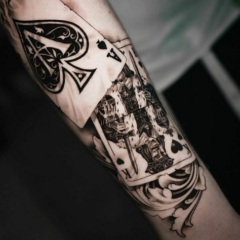 King Of Spades Tattoo Design, Jack Playing Card Tattoo, King Card Tattoo, Card Tattoos For Men, Playing Card Tattoo Ideas, Jack Playing Card, Card Tattoo Ideas, King Of Hearts Tattoo, Playing Card Tattoo