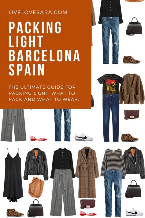 Clothes To Wear In Spain Winter, Capsule Wardrobe Spain Fall, Capsule Wardrobe Spain Spring, Spain Travel Capsule Wardrobe, Spain Outfit Ideas Autumn, Packing For Spain In March, Weekend In Barcelona Outfit, Outfit Ideas Spain, November Spain Outfit