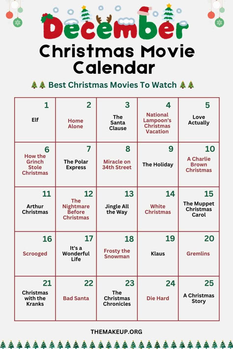 December Christmas Movie Calendar: 25 Festive Films to Watch Each Day for Ultimate Holiday Cheer! Christmas Movie Calendar, Christmas December Calendar, Movie Calendar, Netflix Christmas Movies, Planning Christmas, Christmas Alone, Holiday Movie Night, Christmas Movies List, Xmas Movies