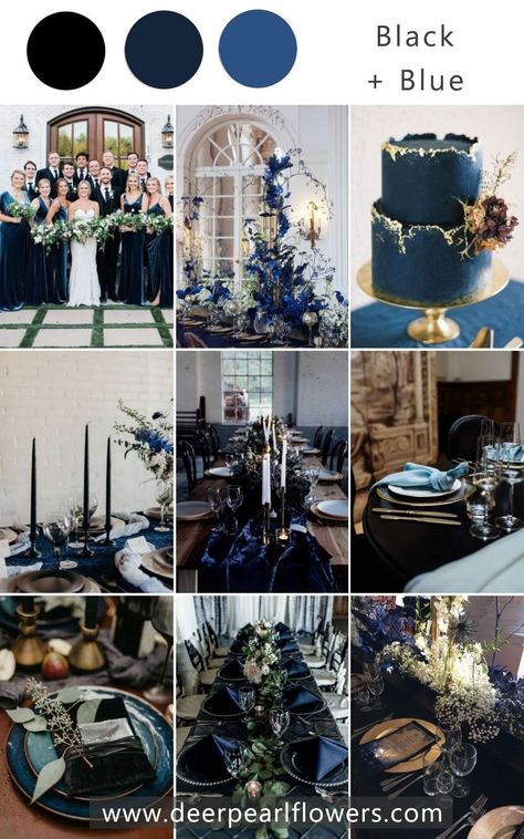 Blue And Black Wedding Theme, Blue Grey Wedding Colors, Blue And Black Wedding, Blue Color Palette Wedding, Black Wedding Theme, Midnight Blue Wedding, Navy Blue Wedding Theme, Top Wedding Colors, Wedding Color Schemes Blue