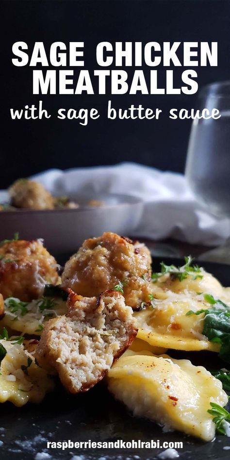 These baked sage and chicken meatballs are the best! Serve them as appetizers or turn them into a meal. Sage Chicken Meatballs, Sage Meatballs, Sage Chicken, Ground Chicken Meatballs, Sage Butter Sauce, Low Calorie Chicken, Italian Cuisine Recipe, Brown Butter Sauce, Lemon Garlic Chicken