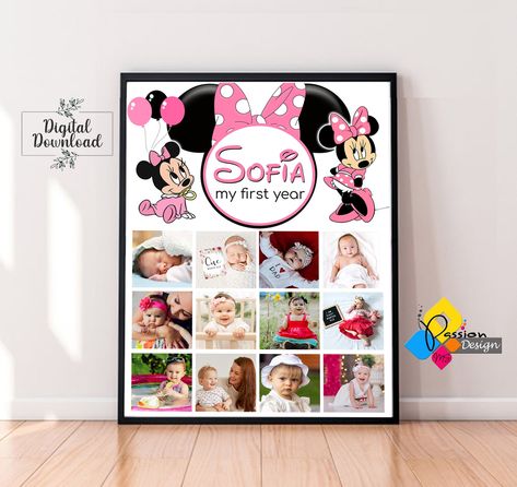 Printable MINNIE MOUSE Baby 1st Birthday Photo Collage, Minnie Mouse Table, Daisy 1st Birthday, Baby Collage, One Year Pictures, 1st Birthday Photo, Birthday Photo Collage, Minnie Mouse 1st Birthday, Foto Collage