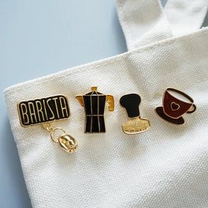 Coffee Enamel Pin, Pin Product Photography, Coffee Merchandise Ideas, Coffee Shop Merchandise Ideas, Cafe Merchandise, Cafe Uniform, Coffee Pins, Coffee Shop Business, Cute Coffee Shop