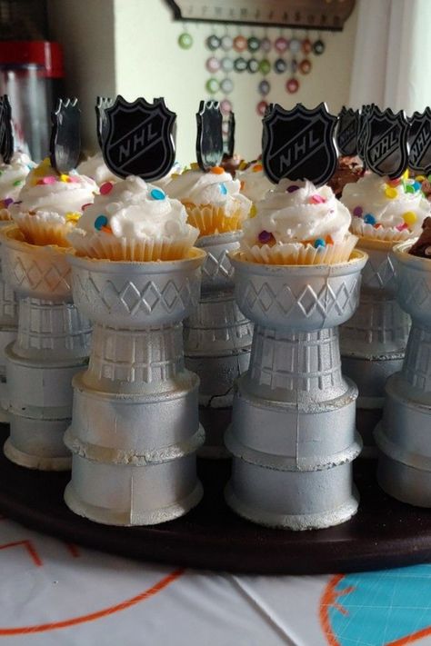 Hockey Themed 30th Birthday, Hockey Theme Desserts, One Year Old Hockey Birthday, Hockey Birthday Cupcakes, Hockey Appetizers, 40th Birthday Hockey Theme, Nhl Birthday Party, Road Hockey Birthday Party, Hockey Food Ideas