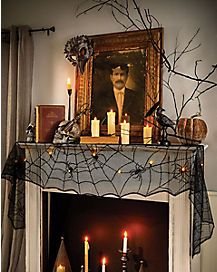 Spiders & Spider Web Décor - Spirithalloween.com Fall Place Settings, Mantel Cover, Fall Window Decorations, Studio Mcgee Christmas, Gothic Noir, Pumpkin Tea Lights, Spider Web Decoration, Halloween Mantel, Halloween Color