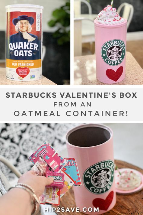 Recycle an oatmeal container into a fun Starbucks-inspired Valentine's Day box idea using spray paint and a few other household supplies! #diy #diyprojects #kidscrafts #craftprojects #valentinesday #valentinesdiy #kidsdiy #valentinescraft Box For Valentines, Slime Valentine Box Ideas, Valentines Box Stanley Cup, Teacher Valentines Box Ideas, Diy Valentines Day Boxes For Kids Easy, Beach Valentine Box Ideas, Popcorn Machine Valentine Box Ideas, Trash Can Valentines Boxes, Boba Valentine Box Ideas