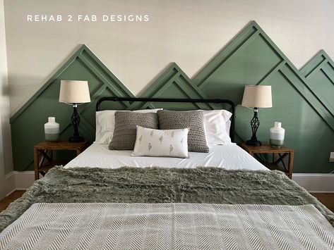 Accent Wall Reading Nook, Non Bed Accent Wall, Board And Batten Wall Mountains, Green Mountain Accent Wall, Mountain Headboard Diy, Mountain Accent Wall Bedroom, Mountain Accent Wall Wood, Boys Accent Wall Ideas, Green Accent Wall Bedroom Ideas