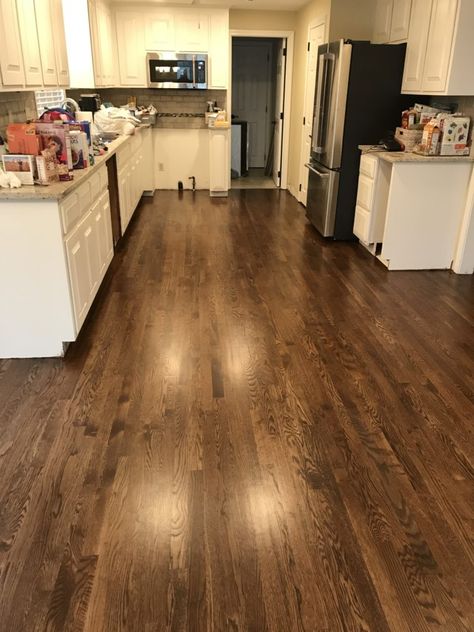 2-inch white oak with medium brown stain & Bona Traffic finish | Central Mass Hardwood Inc. Hardwood In Kitchen, Hardwood Floor Stain Colors, Floor Stain Colors, Open Concept Kitchen Living Room, Floor Stain, Oak Wood Floors, Oak Hardwood, Open Concept Kitchen, Floor Installation