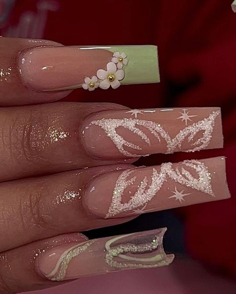 Acrylic Nail Designs Mint Green, Elegant Nails For Graduation, Sage Green Butterfly Nails, Enchanted Forest Theme Nails, Fairy Theme Nails, Tiana Inspired Nails, Sage Acrylic Nails, Princess And The Frog Nails Acrylic, Fairy Wing Nails