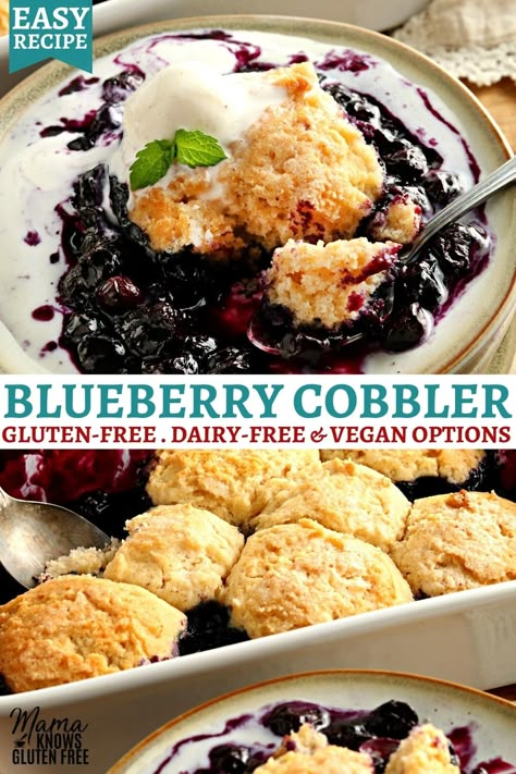 An easy recipe for gluten-free blueberry cobbler. Sweet blueberries baked with a buttery biscuit topping. This recipe also has dairy-free and vegan options. Vegan Blueberry Cobbler, Gluten Free Blueberry Cobbler, Gluten Free Blueberry Crisp, Gluten Free Cobbler, Mama Knows Gluten Free, Gluten Free Dairy Free Dessert, Blueberry Crisp, Vegan Blueberry, Gf Baking