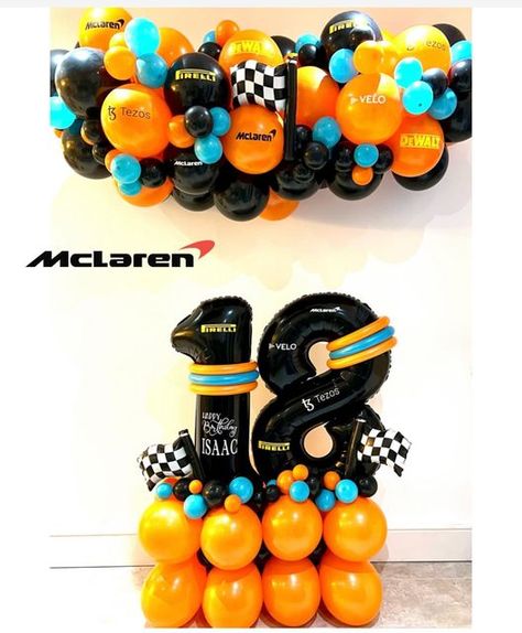 Mclaren Birthday Party, F1 Watch Party, Lamborghini Party Decorations, Formula 1 Birthday Party Ideas Red Bull, F1 Themed Party, F1 Party Theme, Formula 1 Balloon Decor, F1 Party Ideas, Racing Balloon Garland