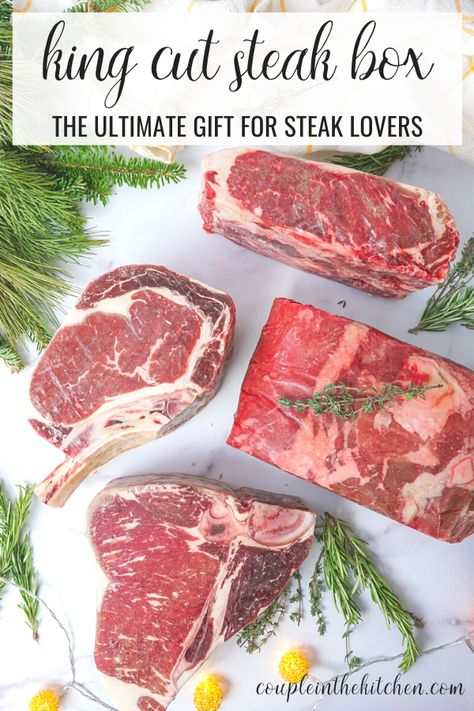 The Ultimate Holiday Gift Basket for Steak Lovers | Couple in the Kitchen Meat Basket Gift Ideas, Gifts For Steak Lovers, Steak Gift Basket Ideas, Meat Gift Basket Ideas, Steak Gift Basket, Steak Lover Gifts, Steak Gift Box, Dinner Gift Basket, Steak Package