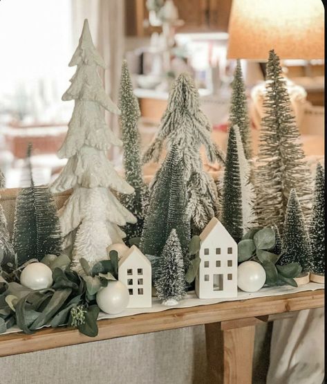 Rustic Scandi Christmas Tree, Christmas Tree Farm Table Decor, Sage Green And White Christmas Decor, Winter Forest Decor, Christmas Decor Astethic, Christmas Tress Decor Ideas, Farmhouse Christmas Shelf Decor, Green And White Christmas Tree Decor, Christmas Village Table Centerpiece