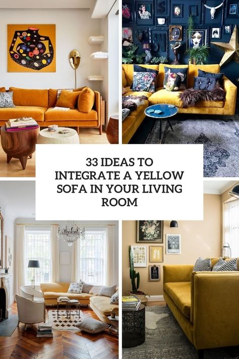 ideas to incorporate a yellow sofa in your living room cover Mustard Sofa Living Room, Mustard Sofa Living Room Ideas, Yellow Sofa Design, Yellow Sofa Living Room Ideas, Yellow Couch Living Room Ideas, Mustard Couch, Bold Sofa, Brown Leather Sofa Living Room, Spanish Living Room