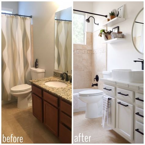 Before and After Travertine Bathroom Makeover FlippinWendy Travertine Bathroom, Beige Bathroom, Bathroom Redesign, Brown Bathroom, Double Vanity Bathroom, Travertine Tile, Bathroom Update, Bathroom Redo, White Rooms