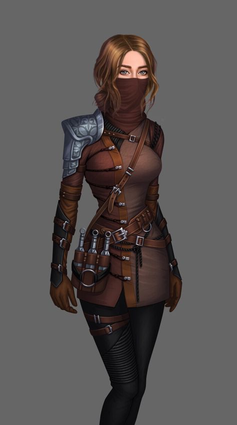 Steampunk Assassin Female, Thief Outfit Female, Warrior Clothes Women, Rogue Outfit Female, Female Ranger Dnd, Dnd Rogue Female, Rogue Clothes, Dnd Fighter Female, Female Assassin Character Design