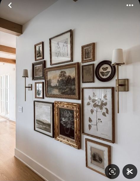 Stassi Schroeder Gallery Wall, Wallpaper With Gallery Wall, Different Photo Frames On Wall, Farmhouse Wall Gallery, Mudroom Gallery Wall, Old Minimalist Home, Small Living Room Gallery Wall, Gallery Wall Different Shapes, Antique Gallery Wall Hallway