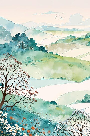 Serene Spring Hills and River Watercolor Landscape | Premium AI-generated image River Watercolor, Spring Hill, Watercolor Landscape, Premium Photo, Graphic Resources, Stock Photos