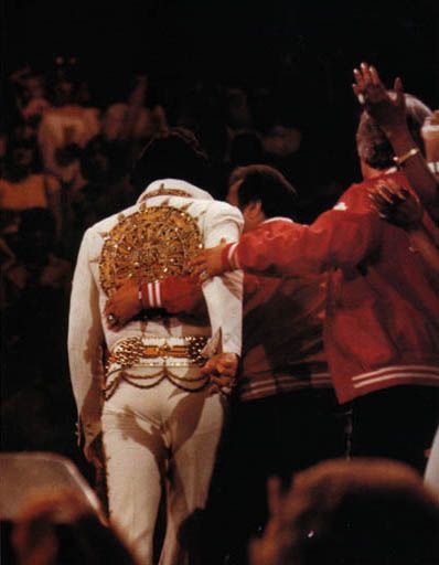 Joe Esposito led Elvis off the stage for the last time. Elvis Presley Last Concert, Neck Veins, Elvis Presley 1977, Elvis Costume, Memphis Mafia, Elvis Cd, Elvis Presley Concerts, Elvis Collectors, Elvis Presley Family