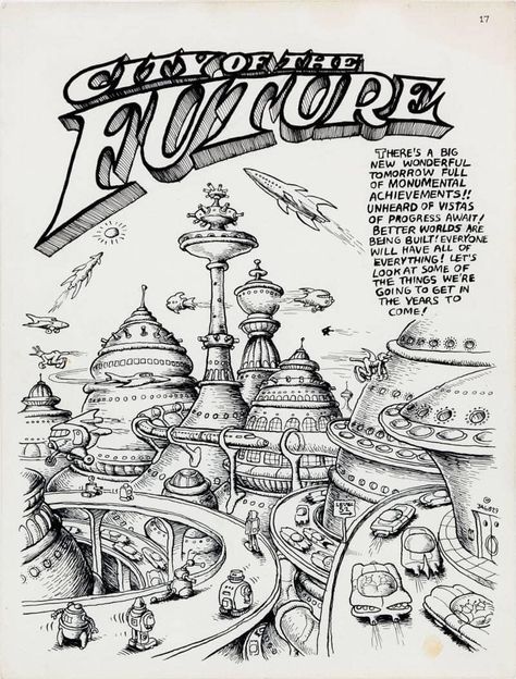 Robert Crumb Art, Fritz The Cat, Underground Comix, Alternative Comics, Robert Crumb, City Drawing, Splash Page, Futuristic City, Future City