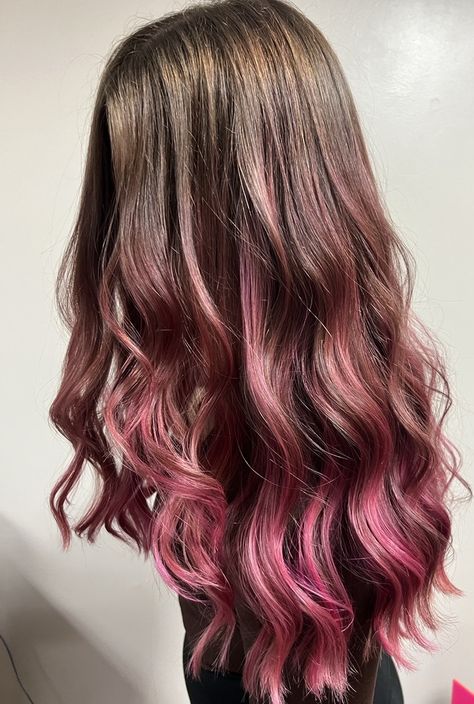 Brunette Pink Ombre, Pink Ombre Hair Brunette, Brown Hair Pink Ends, Pink Tips Hair Brunette, Pink Hair Brunette, Pink Brunette Hair, Pink Hair Ends, Pink Balayage Brunette, Pink Balayage