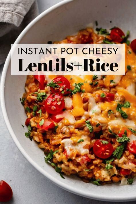 Cheesy Instant Pot Lentils & Rice is a quick vegetarian weeknight dinner recipe. Made with hearty brown rice, chiles, tomatoes & melty cheese. // pressure cooker // recipe // easy Instant Pot Lentils, Lentils Instant Pot, Lentils Rice, Red Lentil Recipes, Rice Lentils, Pressure Cooker Recipe, Instant Pot Recipes Vegetarian, Vegetarian Instant Pot, Lentil Dishes