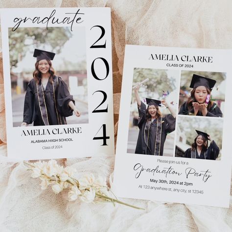 🎓 Graduation Day! 🎓 Are you finishing high school or college this year? Let us help you plan the ultimate grad party! ✨️ This digital template set includes a double sided printable 5x7" invitation template and TWO FREE animated digital invitation templates for sending via mobile. Schools out! 👋 #graduationparty #graduation🎓 #collegegrad #graduationinvitations #graduationinvitation #graduationinvites #gradpartyinvites #gradinvites Double Graduation Party Invitations, Graduation Card Ideas Invitations, Foto Graduation, Graduation Invitation Ideas, High School Graduation Invitations, Minimalist Graduation Party, College Graduation Party Invitations, Senior Graduation Invitations, Modern Graduation Party