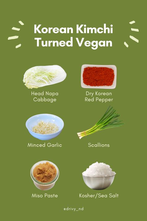 Ingredients for the recipe of Vegan Korean Kimchi Kimchi Vegan Recipes, Kimchi Vegan, Kimchi Sauce, Traditional Kimchi, Vegan Kimchi Recipe, Vegan Korean Food, Cabbage Kimchi, Recipe Korean, Vegan Kimchi