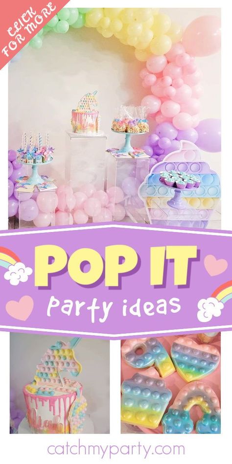 Poppet Birthday Party Ideas, Pop It Cupcake Ideas, 6th Birthday Party Ideas For Girls Theme, Fidget Birthday Party Theme, Pop It Cookies, Pop It Themed Birthday Party, Pop It Birthday Party Theme, Pop It Party Ideas, Girls Birthday Theme Ideas