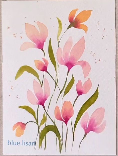 Abstract Watercolor Flowers Simple, Abstract Watercolor Flowers, Dupatta Painting, Abstract Watercolor Flower, Cartoon Art Drawing, Flowers Simple, Painting Flowers Tutorial, Cards Watercolor, Sketchbook Illustration