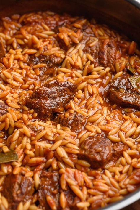 Beef Giouvetsi is a delicious Greek beef and orzo pasta dish. This one is made on the stovetop. With a thick and glazy sauce like risottos'! Orzo Salad Dressing, Chicken Parmesan Recipe Air Fryer, Cold Orzo Salad, Orzo Salad Recipes Cold, Orzo Salad With Chicken, Beef And Orzo, Beef Orzo, Air Fryer Chicken Parmesan Recipe, Chicken Parmesan Recipe Healthy