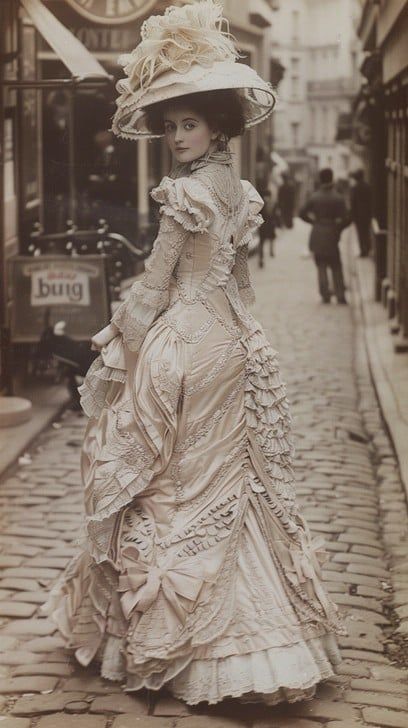 Captured in time, this sepia-toned photograph exudes the elegance of a bygone era. A woman, donned in a sumptuously ruffled and adorned gown reflecting the fashion of the late 19th or early 20th century, turns her head slightly, offering a mysterious smile. Her wide-brimmed hat, embellished with delicate flowers and ribbons, sits gracefully atop her hair, styled in an updo typical of the period's high society. She stands poised on a cobblestone street, lined with the windows of quaint shops, a s Ball Gowns Old Fashioned, Edwardian Hats Women, Neo Victorian Fashion, 19th Century Fashion Women, 1920 Fashion Women, Late 19th Century Fashion, Early 20th Century Fashion, Cobblestone Street, Fairy Grunge Aesthetic