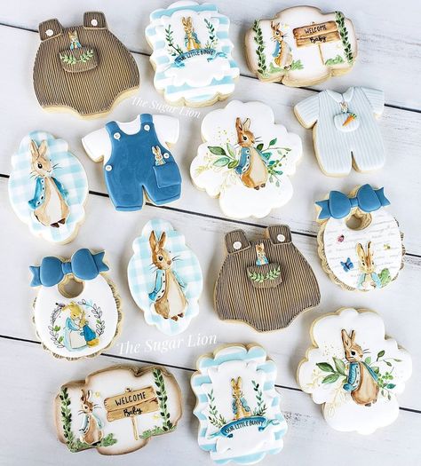 Rabbit Sugar Cookies, Rabbit Baby Shower Ideas, Peter Rabbit Baby Shower Ideas, Woodland Creatures Baby Shower, Hand Painted Cookies, Rabbit Cookies, Peter Rabbit And Friends, Baby Cookies, Rabbit Baby