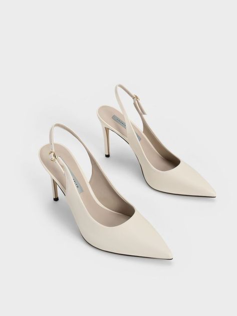 Charles And Keith Wedding Shoes, Wedding Shoes Classy, Shoes For Women Aesthetic Heels, White Dainty Heels, Classic Pumps Heels, Classic White Heels, White Pointed Toe Heels, Cream Heels Outfit, Elegant Shoes Heels Classy