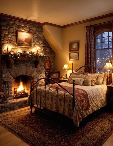 Cozy Cabin Bedrooms, Built In Around Fireplace, Cozy Bedroom Ideas, Plush Bedding, Cottage Interiors, Dream House Rooms, Dreamy Bedrooms, House Beautiful, Boho Living