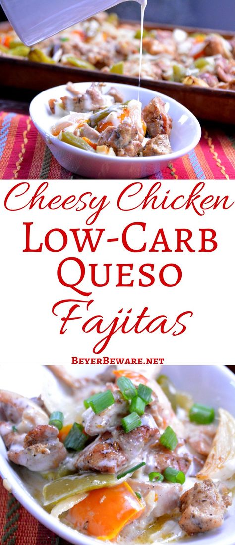 Low-Carb Queso Fajitas - Cheesy Chicken Fajitas  Low-Carb Queso Fajitas are a simple sheet pan baked fajita recipe that becomes cheesy chicken fajitas perfect for keto and low-carb diets. #fajitas #keto #Lowcarb #sheetpansuppers Fajita Bake Recipe, Easy Chicken Fajita Recipe, Colourful Vegetables, Recipes With Friends, Ketone Recipes, Picnic Potluck, Baked Chicken Fajitas, Easy Family Dinner Recipes, Chicken Fajita Recipe