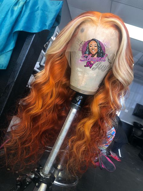 Ginger Streaks In Black Hair, Ginger And Blonde Wig, Ginger Hair Blonde Streak, Orange Hair Blonde Money Piece, Blond And Orange Hair, Ginger And Blonde Wig Black Women, Ginger With Blonde Streak, Ginger Blonde Wig, Ginger Lacefronts