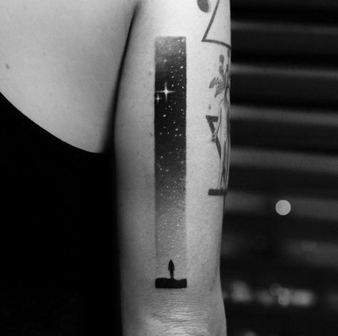 Night Sky Tattoos, Sky Tattoos, Modern Art Tattoos, Night Tattoo, Simple Tattoos For Women, Framed Tattoo, Universe Tattoo, Theme Tattoo, Silhouette Tattoos