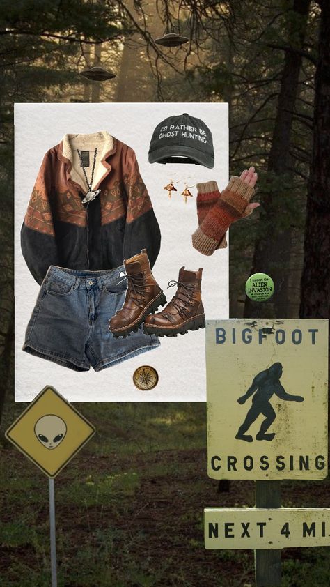 #cryptidcore #outfit #vintage #mothman #bigfoot #forest #aesthetic Forest Ranger Aesthetic, Aesthetic Cryptidcore, Cryptidcore Aesthetic Outfits, Cryptidcore Fashion, Forest Aesthetic Outfit, Cryptidcore Outfit, Cryptidcore Aesthetic, Shifting Outfits, Art Catalogue