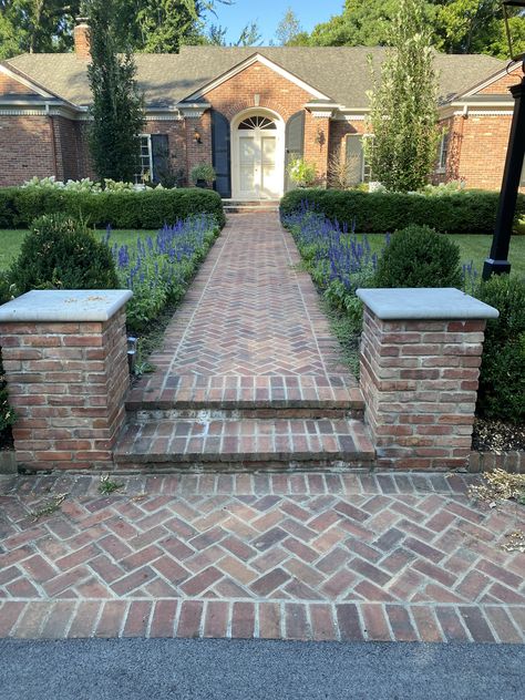 Wall Around House Outside, Brick Landscaping Ideas, Slate And Brick Walkway, Rose Lined Driveway, Brick Wall Fence, Brick Walkways To Front Door, Brick Sidewalk Front Walkway, Cobblestone Front Walkway, Brick Columns Driveway