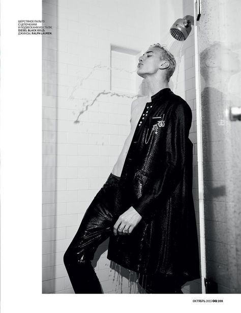 Lucky Blue Smith Dons Fall Coats for GQ Russia Editorial Shower Shoot, Men Editorial, Men In Shower, Shower Photoshoot, Blue Smith, Fall Coats, Lucky Blue Smith, Lucky Blue, Editorial Shoot