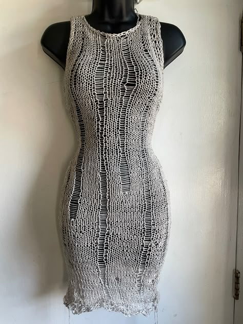 Knitted Dress Catwalk, Mesh Knit Dress, Distressed Crochet Dress, Distressed Knit Dress, Distressed Crochet Pattern, Punk Knitting Patterns, Crochet Distressed Top, Knitting Machine Dress, Distressed Knitting